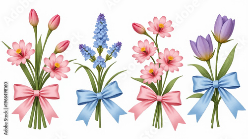 Pastel Floral Bouquets, Spring Flowers, Ribbon Bows, Vector Illustrations, Easter Decor