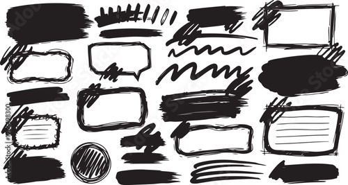 A versatile collection of black ink-style design elements, featuring messy rectangular borders, thick brush strokes, wavy lines, and distressed highlight textures for creative layouts and journaling.
