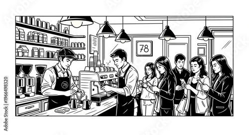 Barista making coffee for customers in a busy cafe.