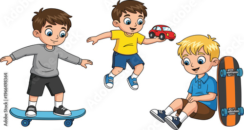 Cute Boys Playing Cartoon Illustration Set Featuring Kids Skateboarding, Jumping with Toy Car, and Sitting with Skateboard in Fun Vector Design Style.