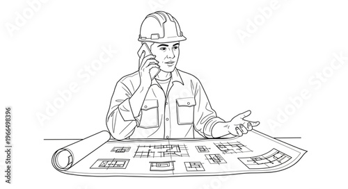 Architectural blueprint review and phone call by construction worker.
