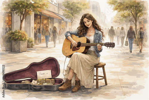 Female Street Musician Watercolor Illustration Collection in Urban Outdoor Scenes
