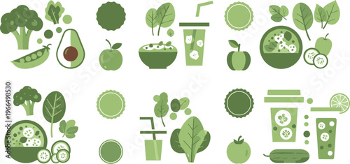 Green healthy food icons set vegetables smoothie and organic ingredients flat vector illustration