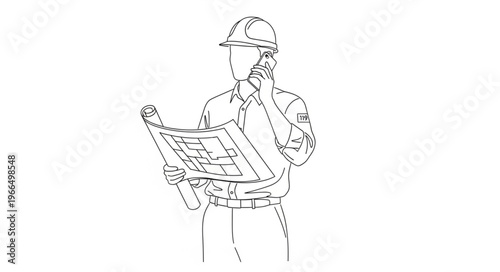 Architectural Blueprint Review by Construction Worker.