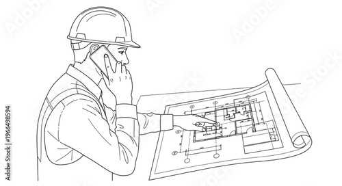 Architectural Blueprint Review by Construction Worker.