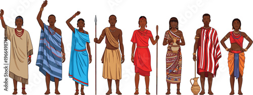 African Tribal People Vector Set with Traditional Clothing, Cultural Attire and Ethnic Characters for Heritage, Anthropology and Cultural Illustration Design