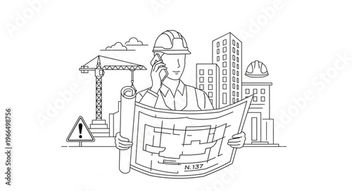Architectural blueprint review by engineer on construction site with crane and buildings.
