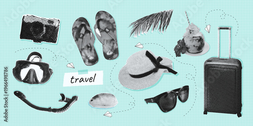 Retro nautical travel collage halftone set with camera, snorkeling mask, flip flops, hat, sunglasses, coconut drink, palm leaf and more. Tropical vacation vector illustration