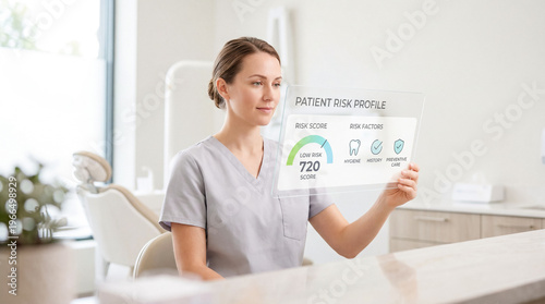 Dental professional examines a virtual patient risk profile with score and oral health factors on a transparent screen in a modern clinic.