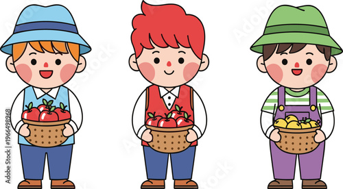 Cute Farmer Kids Cartoon Illustration Set Featuring Children Holding Baskets of Fruits and Vegetables in Adorable Rural Character Vector Design Style.