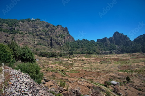 Volcanic crater of Cova de Paul in Cape Verde transformed into fertile farmland