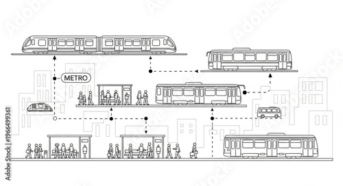 Architectural drawing of a modern transportation hub with trains and buses.