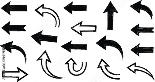 A versatile collection of black arrow icons featuring a mix of solid fills and clean outlines. The set includes diverse styles such as thick block arrows, curved swooshes, U-turns, and pointers.