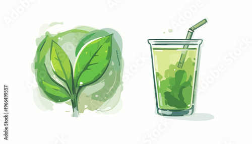 glass of fresh green smoothie and matcha tea