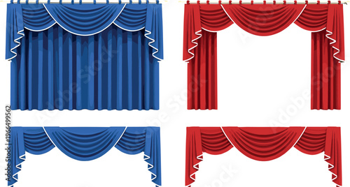 Set of Elegant Blue and Red Draped Curtains with Decorative Ties for Interior Design, Stage, and Event Decor