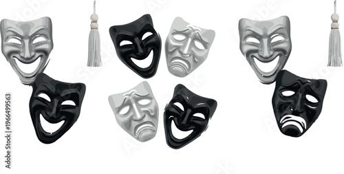 Set of Dramatic Comedy and Tragedy Theater Masks in Black, White, and Gray for Performance, Art, and Entertainment Designs