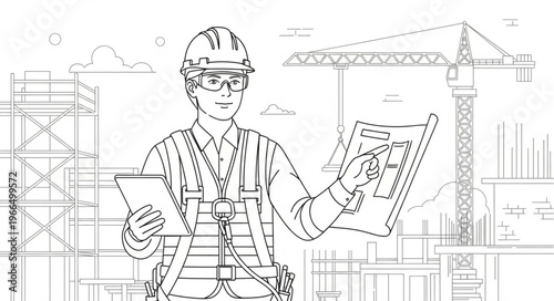Architectural Engineer Reviewing Blueprints at Construction Site.