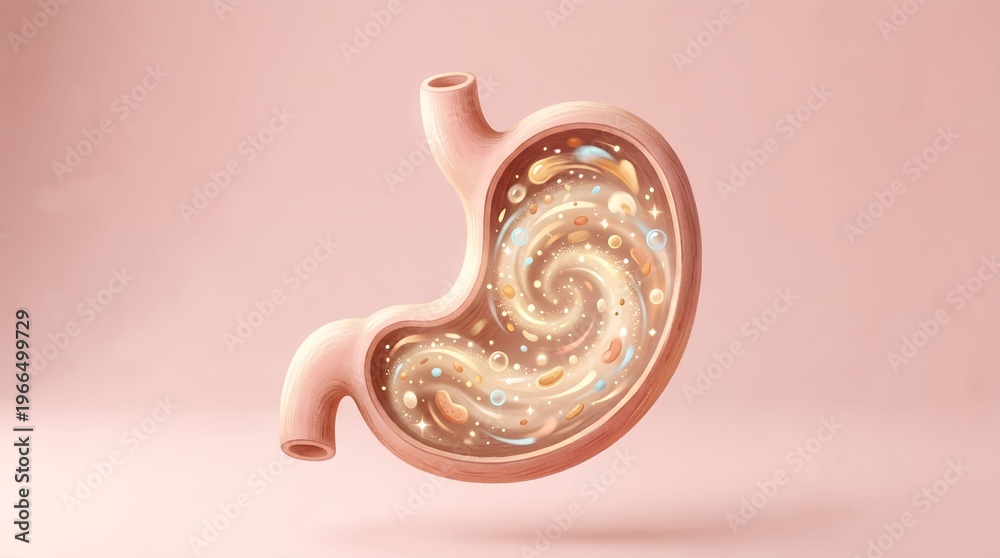 Fototapeta premium Creative visualization of human stomach with swirling abstract design inside on soft pink background