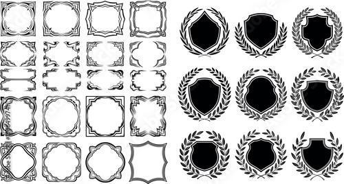 Collection of Decorative Ornate Frames and Laurel Shields in Black and White for Emblems, Awards, and Heraldic Designs