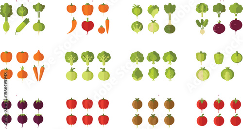 Vegetable varieties collection flat vector illustration fresh organic produce icons grouped by type for healthy food design