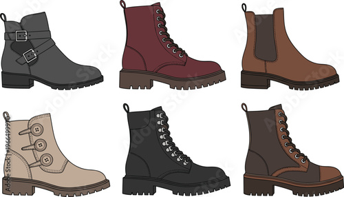 Leather Boots Vector Set with Different Styles, Lace Up and Ankle Boots for Fashion, Footwear Design, Winter Wear and Casual Clothing Illustration