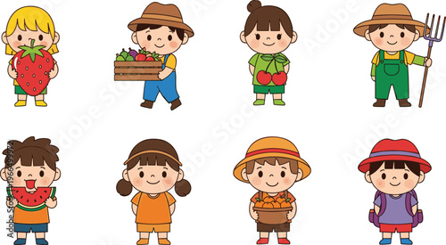 Cute Kids and Farmer Cartoon Character Set Featuring Children with Fruits, Vegetables, and Farming Tools in Adorable Rural Lifestyle Vector Illustration Design.