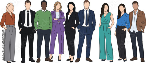 Cartoon business professionals shaking hands, holding folders, and standing together in corporate attire, symbolizing teamwork, agreement,