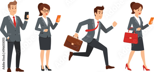 Cartoon business professionals with smartphones and briefcase in motion, walking, running, and working, representing modern corporate lifestyle, communication, and mobile technology connection