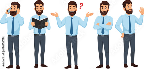 Cartoon businessman character in multiple expressive poses including phone call, reading, shrugging, thoughtful stance, and friendly wave, vector illustration for communication,