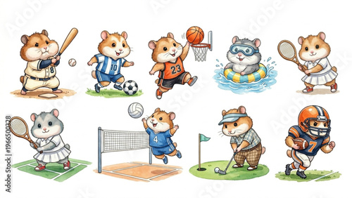  Set of funny cartoon cute Hamster animals in playful sports vector style featuring smiling characters for kids toy illustration collection