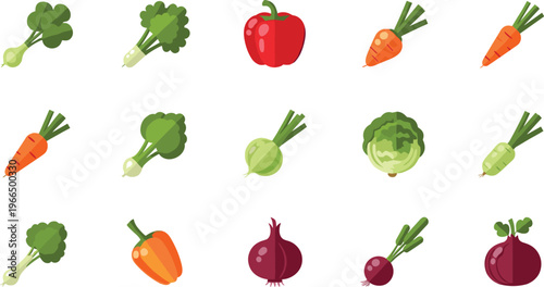Fresh vegetables icons set flat vector illustration organic produce collection with carrot pepper onion broccoli cabbage and leafy greens