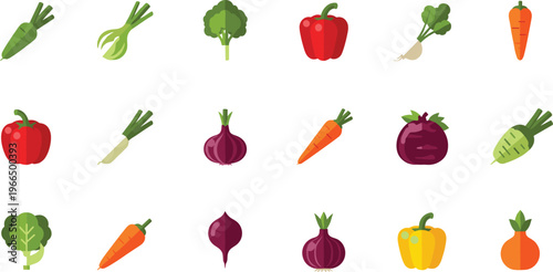 Fresh vegetables icons collection flat vector illustration organic produce set with carrot pepper onion broccoli tomato and leafy greens