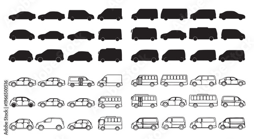 Car Van and Bus Silhouette Outline Vehicle Icon Vector Set