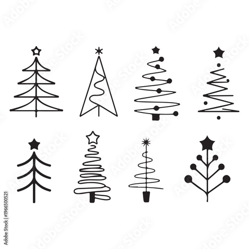 Minimalist abstract Christmas tree icons, modern line art holiday set, festive winter design collection, simple decorative symbols, vector style illustration Art & Illustration