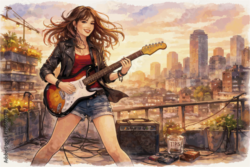 Female Street Musician Watercolor Illustration Collection in Urban Outdoor Scenes