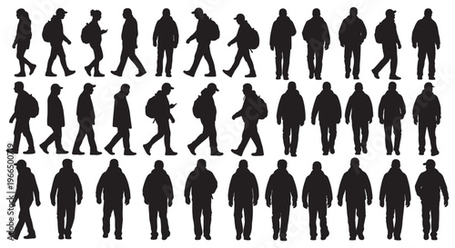 Walking People Silhouette Collection Men with Backpack Urban Vector Set