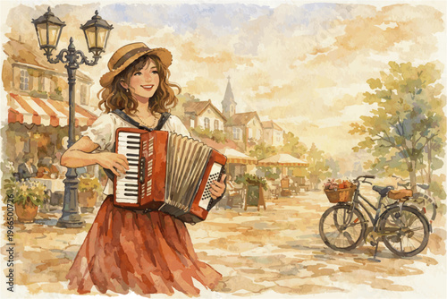 Female Street Musician Watercolor Illustration Collection in Urban Outdoor Scenes