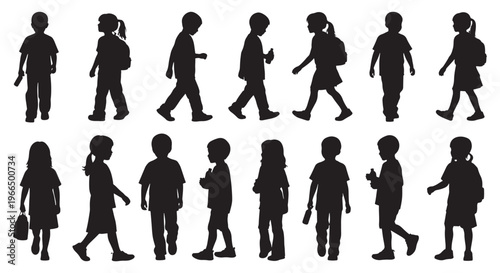 Children Silhouette Set Kids Walking Standing with Backpack Vector Collection