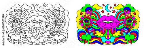 Trippy melting lips dripping eyes flowers and mushrooms illustration in outline and psychedelic colors for adult coloring pages and graphic print