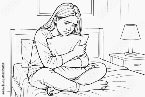 Coloring page for children - a sad girl sitting on a bed and hugging a pillow