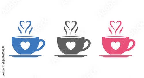 Three steaming cups of coffee or tea with heart symbols and steam forming hearts, presented in blue, gray, and pink