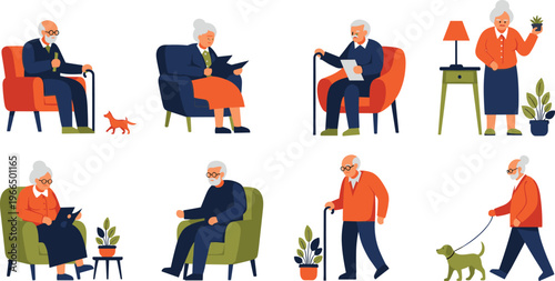 Senior People Vector Set with Elderly Men and Women Sitting, Walking, Reading and Daily Activities for Healthcare, Lifestyle and Retirement Illustration Design