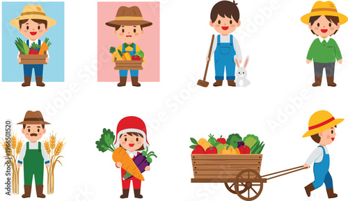 Farmer Cartoon Character Set Featuring Agricultural Workers with Harvest Vegetables, Tools, and Farm Activities in Rural Lifestyle Vector Illustration Design Style.
