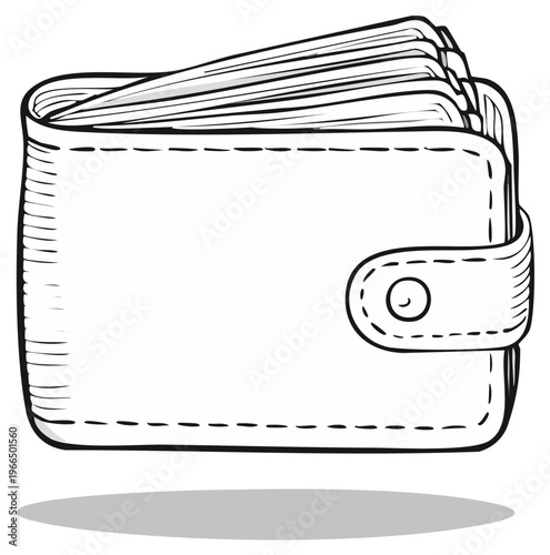 Black and white sketch of a full wallet with a snap closure and visible stitching, cartoon style