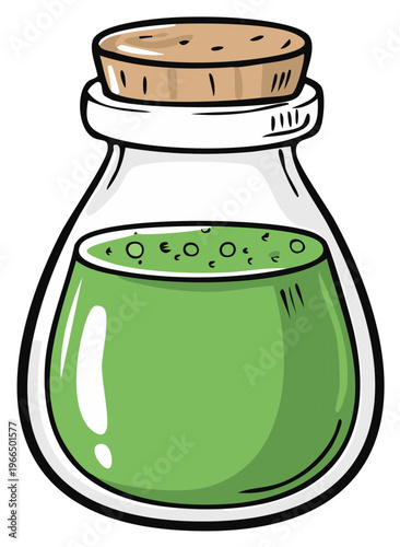 Cartoon Green Potion in Glass Bottle with Cork Stopper Liquid Fantasy Drink