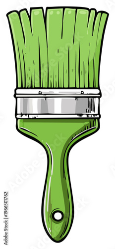 Green paint brush illustration with bold black outline and silver ferrule