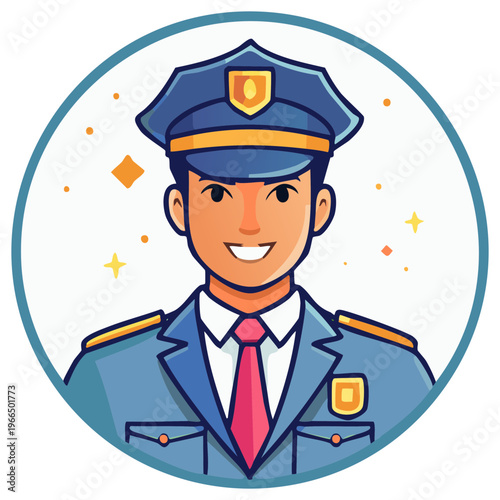 Friendly police officer illustration with badge and stars in a circular frame