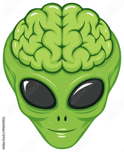 Cartoon Style Green Alien Head with Brain Showing and Large Black Eyes