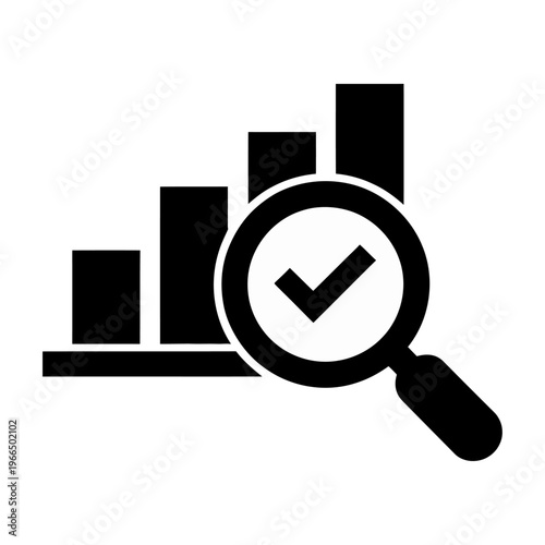Magnifying glass with a checkmark examines a vector bar chart representing data analysis