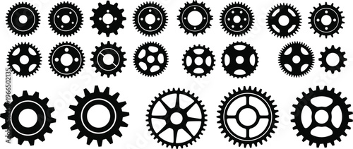 Collection of gear and cogwheel vector silhouettes, mechanical wheels for industrial, steampunk, engineering, machinery, or technical design and decoration purposes
